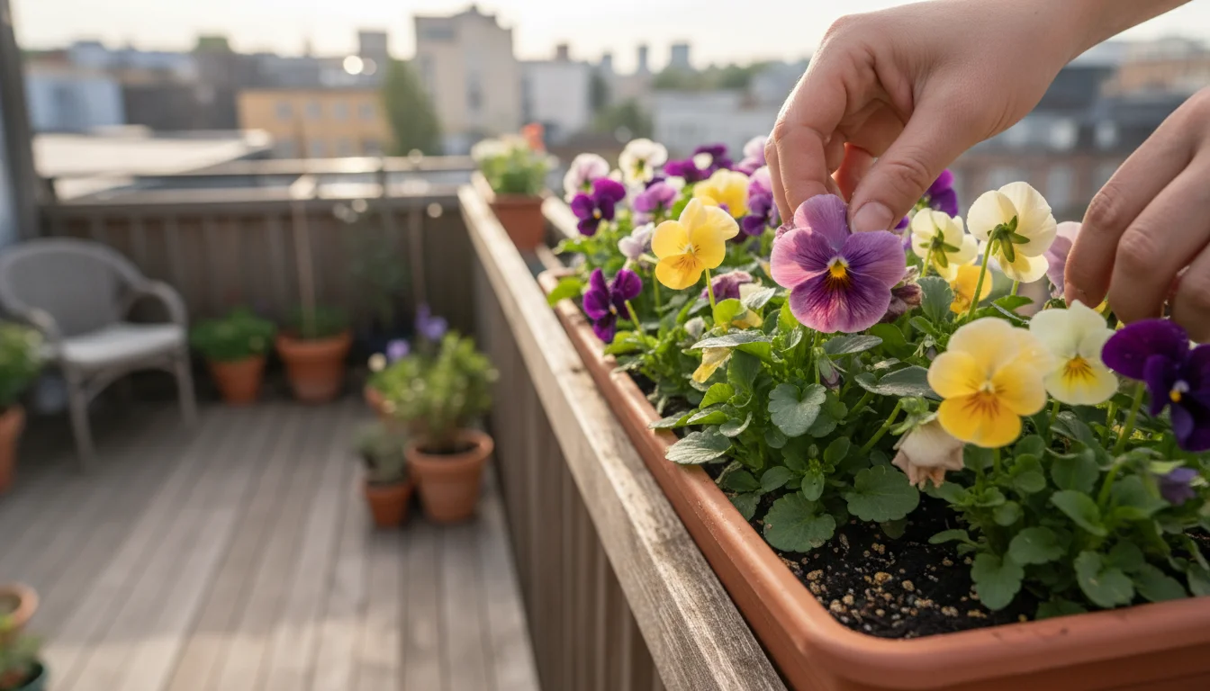 Hands gently pinch a faded magenta pansy bloom from a terracotta window box filled with vibrant pansies and violas, showing moist soil.