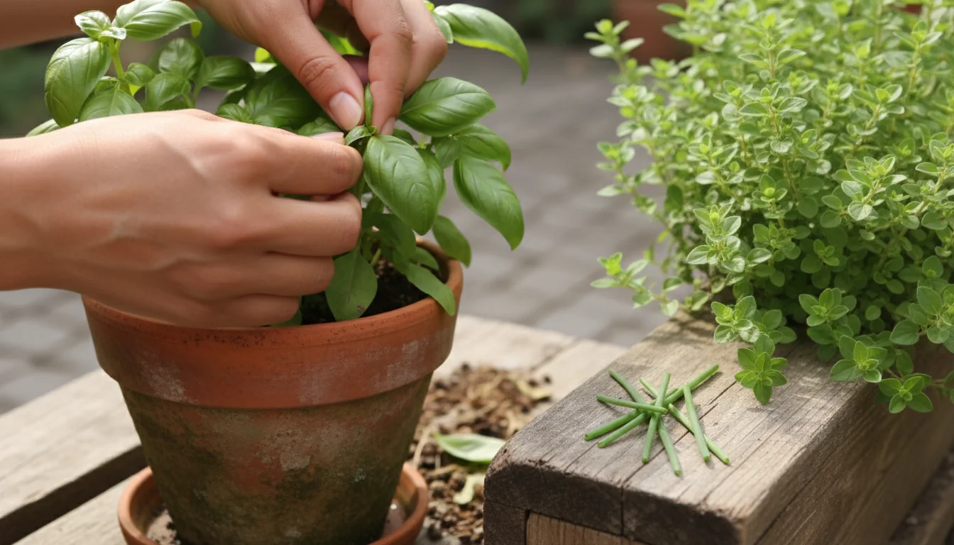 Hands pinching basil leaves from a terracotta pot, with freshly snipped chives on an adjacent planter on a sunny balcony.