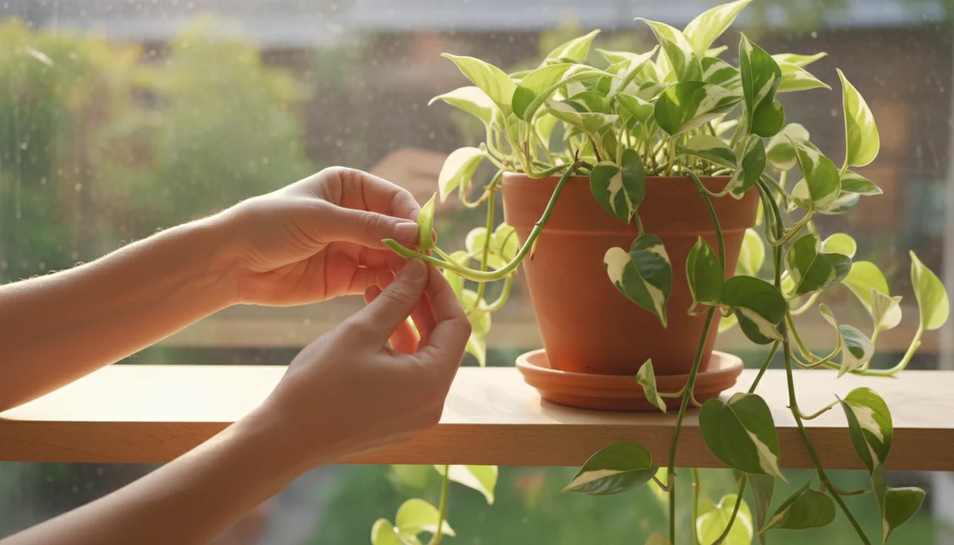 Close-up of hands gently pinching a growth tip on a cascading Pothos plant in a terracotta pot on a sunny indoor shelf.