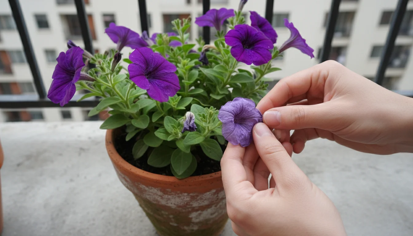 Hands gently pinching off a faded purple petunia flower from a terracotta pot, vibrant new blooms surround it on an urban balcony.