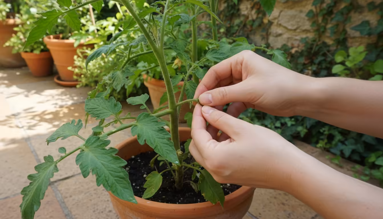 Close-up of hands pinching a small sucker shoot from a container-grown tomato plant on a sunny patio, improving airflow and fruit production.