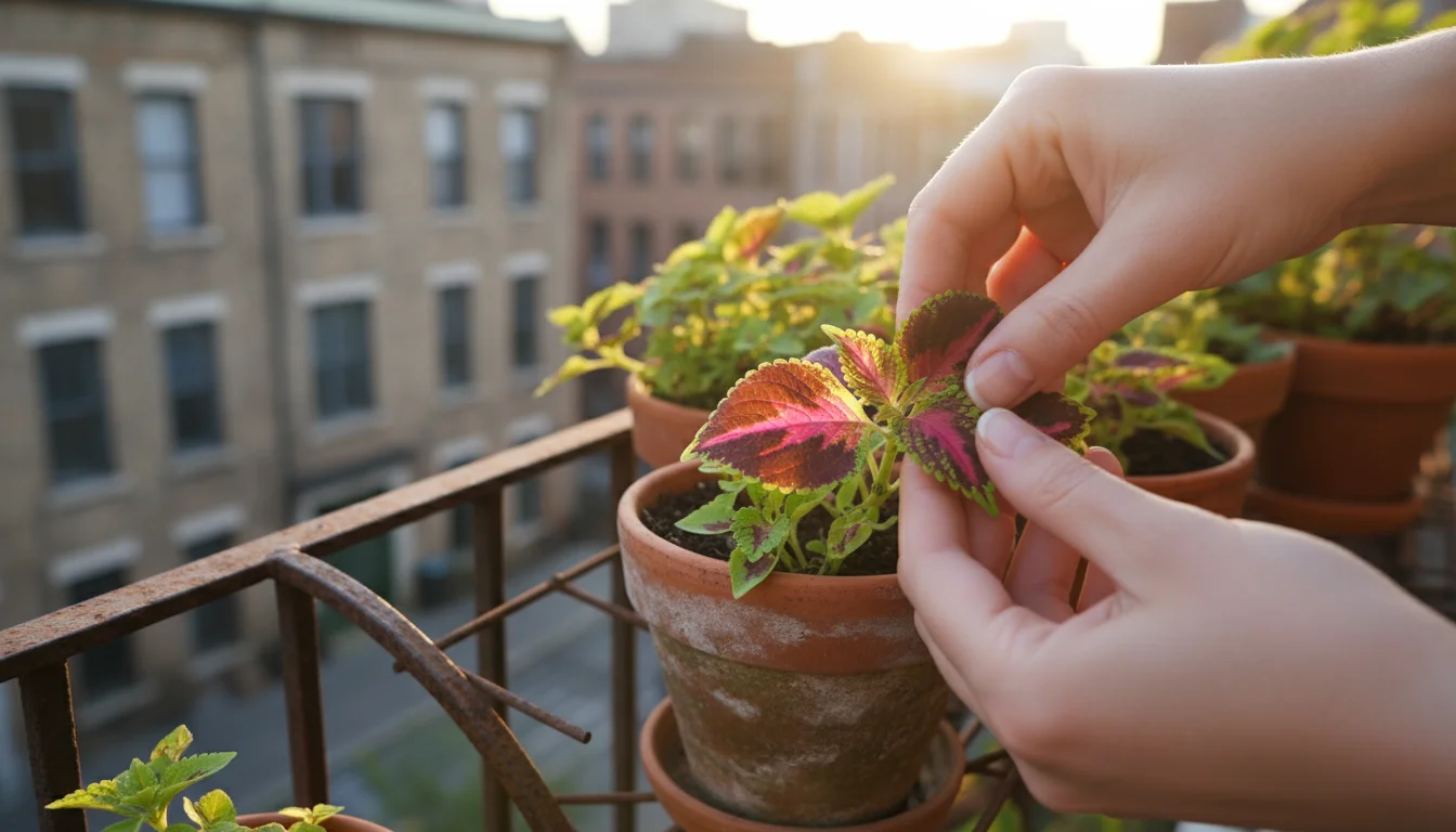Close-up of hands pinching the top stem of a vibrant coleus plant in a terracotta pot on a balcony railing shelf, encouraging bushier growth.