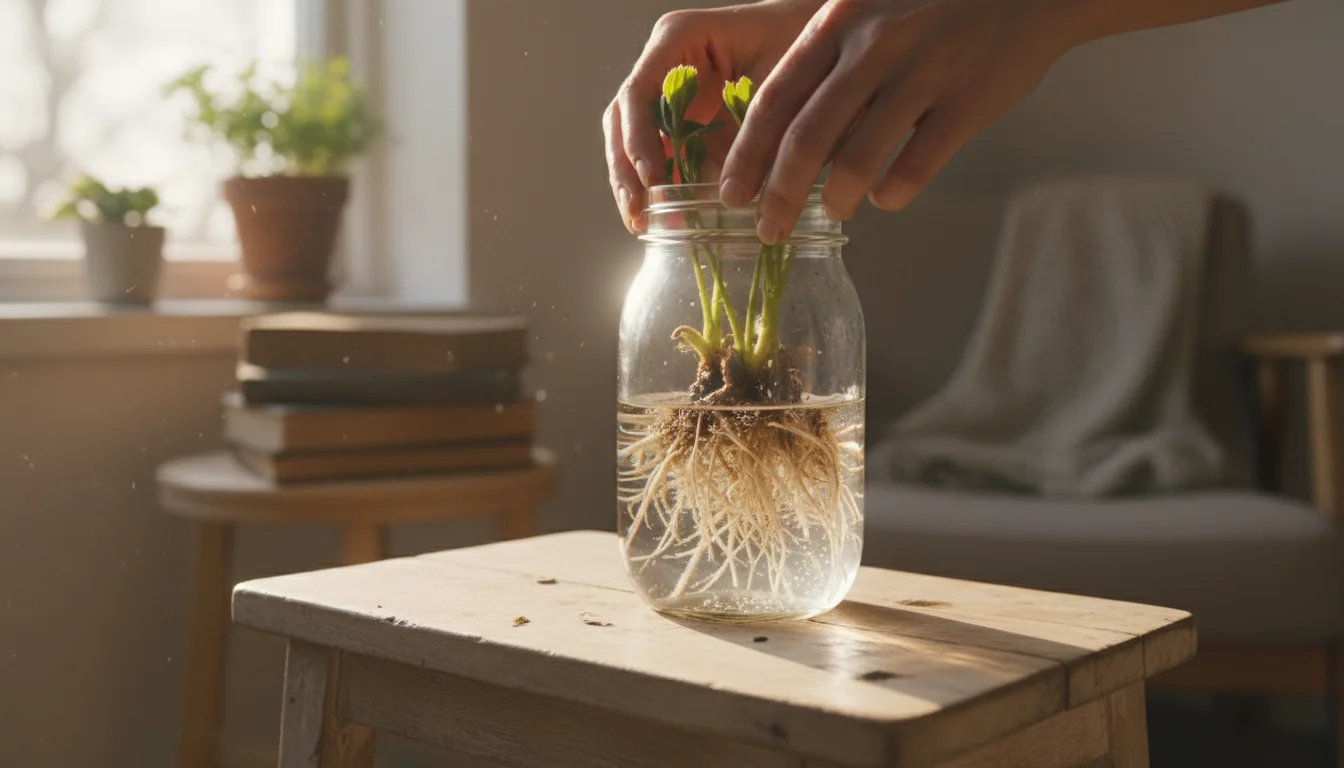 Hands gently place bare-root strawberry plants into a clear glass jar of water on a wooden stool, soaking roots.