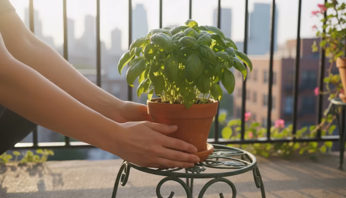 Hands gently place a basil plant in a terracotta pot onto a metal stand on a sunlit urban balcony in soft morning light.
