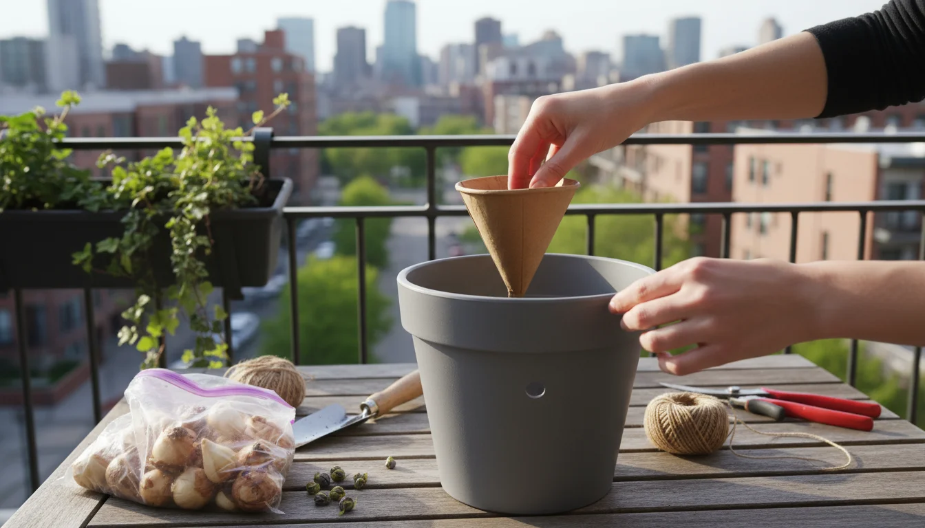 Hands place a coffee filter in a matte gray pot, surrounded by bulbs, potting mix, and tools on an urban balcony table.