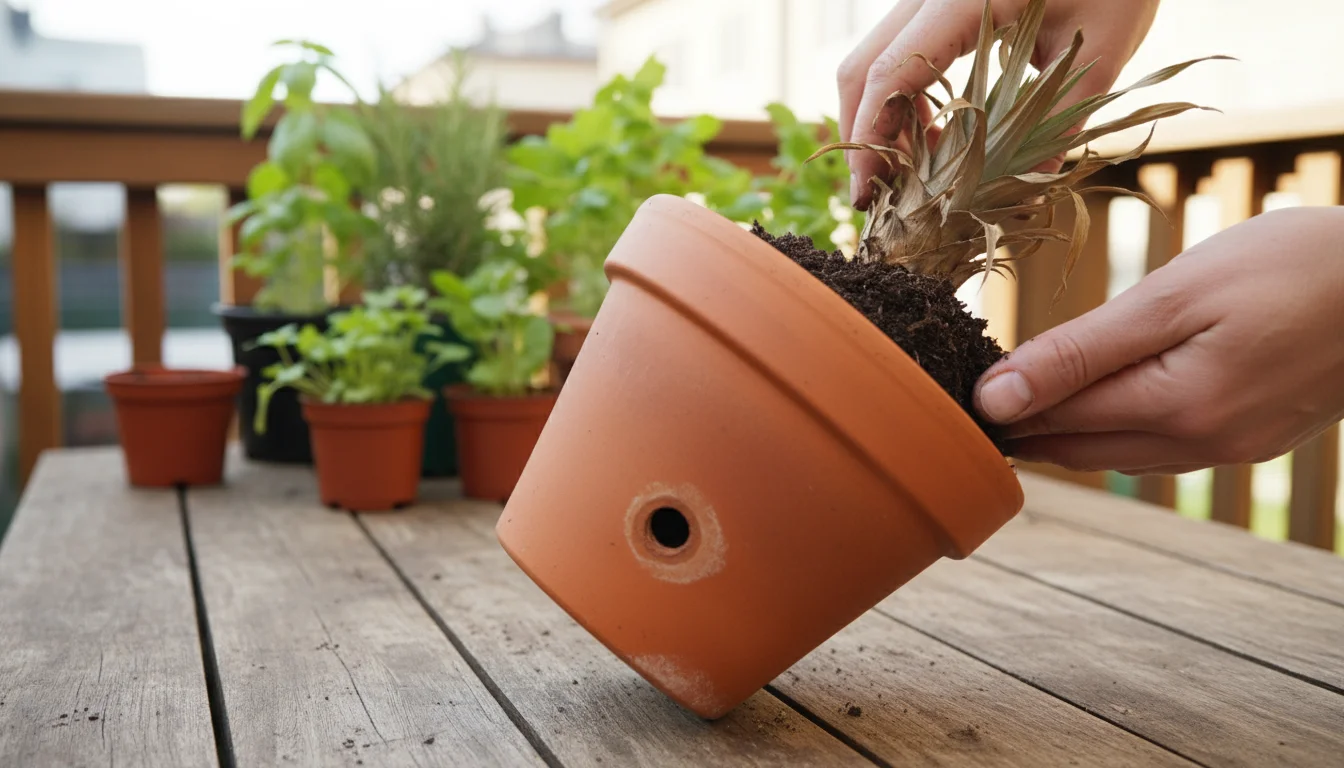 Hands carefully place a cured pineapple crown into a terracotta pot, showing its drainage hole on a wooden balcony table.