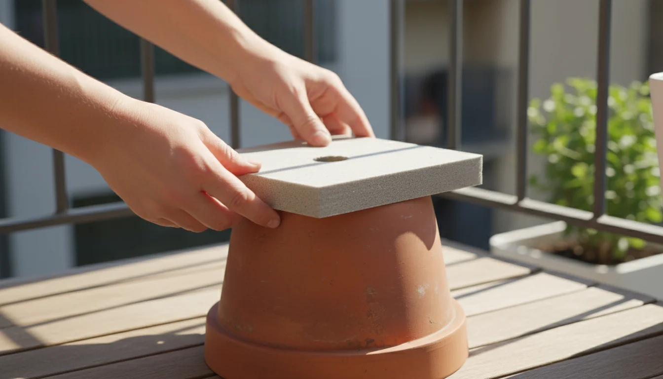Hands place a cut piece of Styrofoam insulation onto an upside-down terracotta pot on a balcony.