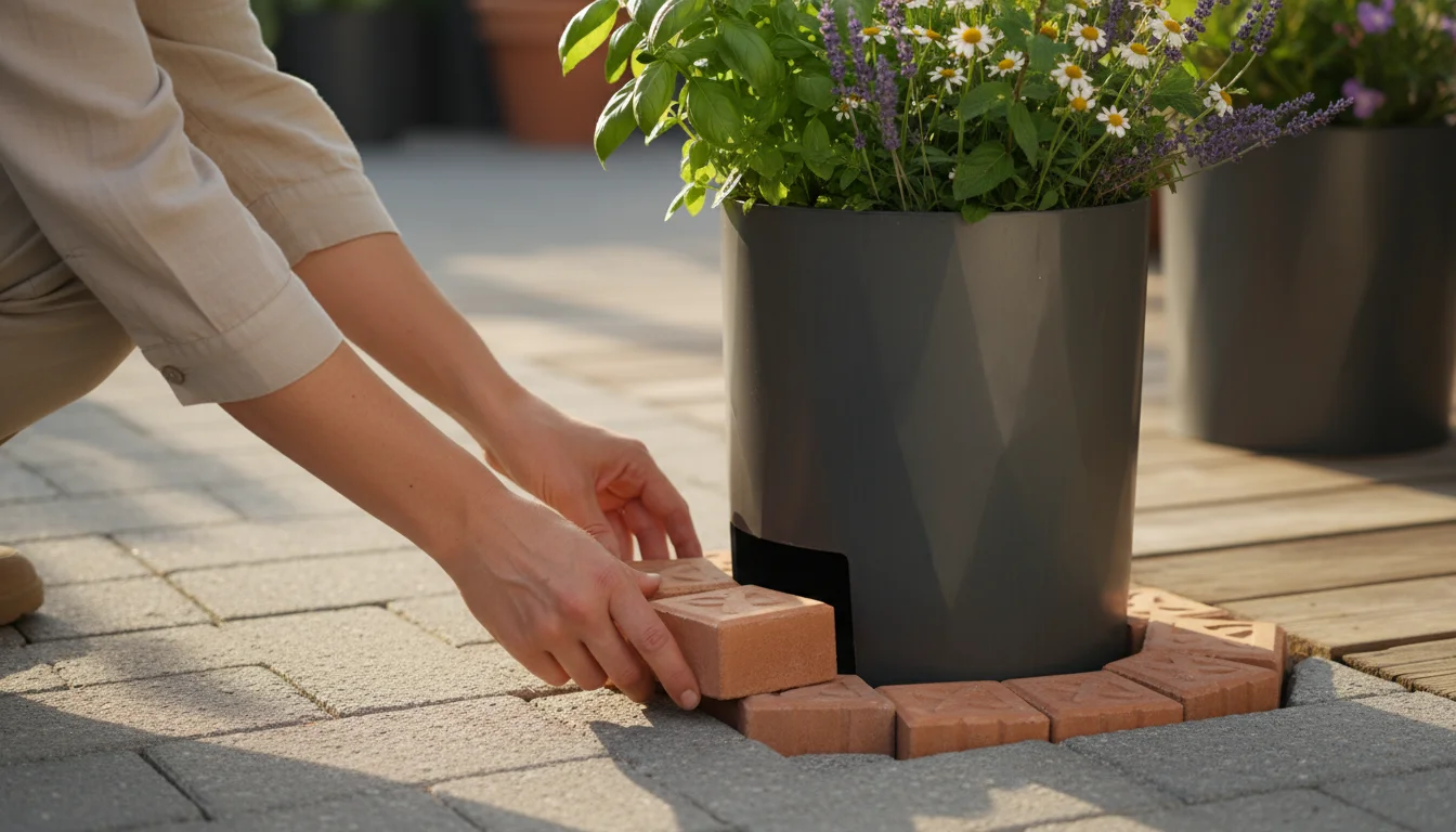 Hands place a decorative paver brick at the base of a tall, freestanding vertical garden system on a sunlit urban patio, ensuring stability.