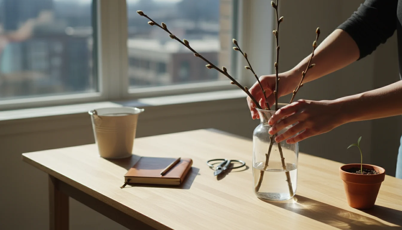 Hands carefully place dormant branches with swollen buds into a glass vase on a wooden table, with a bucket and bleach bottle nearby.