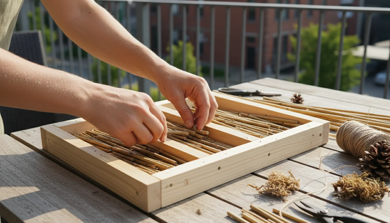 Hands carefully place dried plant stems into a compartment of a small, wooden bug hotel frame on a balcony table, surrounded by natural debris.