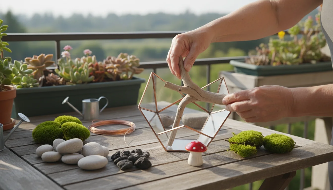 Hands place driftwood in a terrarium on a balcony table, surrounded by various stones, green moss, and a ceramic mushroom.