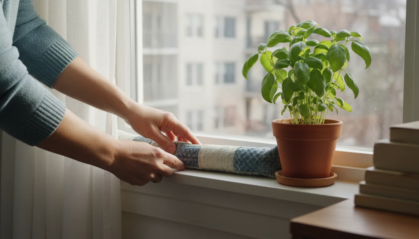 Hands place a fabric draft snake along a windowsill next to a vibrant potted basil plant in an urban apartment.