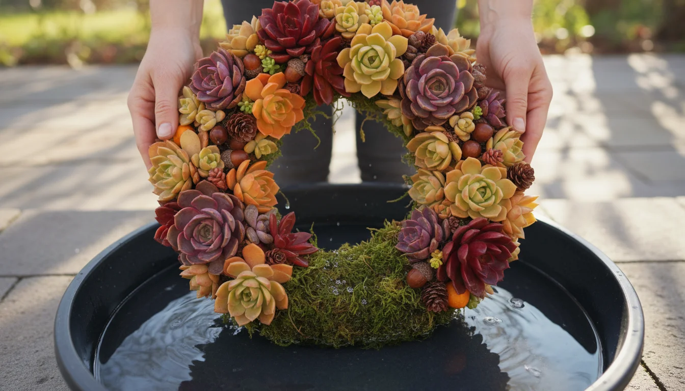Hands gently place a fall succulent wreath into a shallow tray of water on a small balcony table, showing some wrinkled leaves.