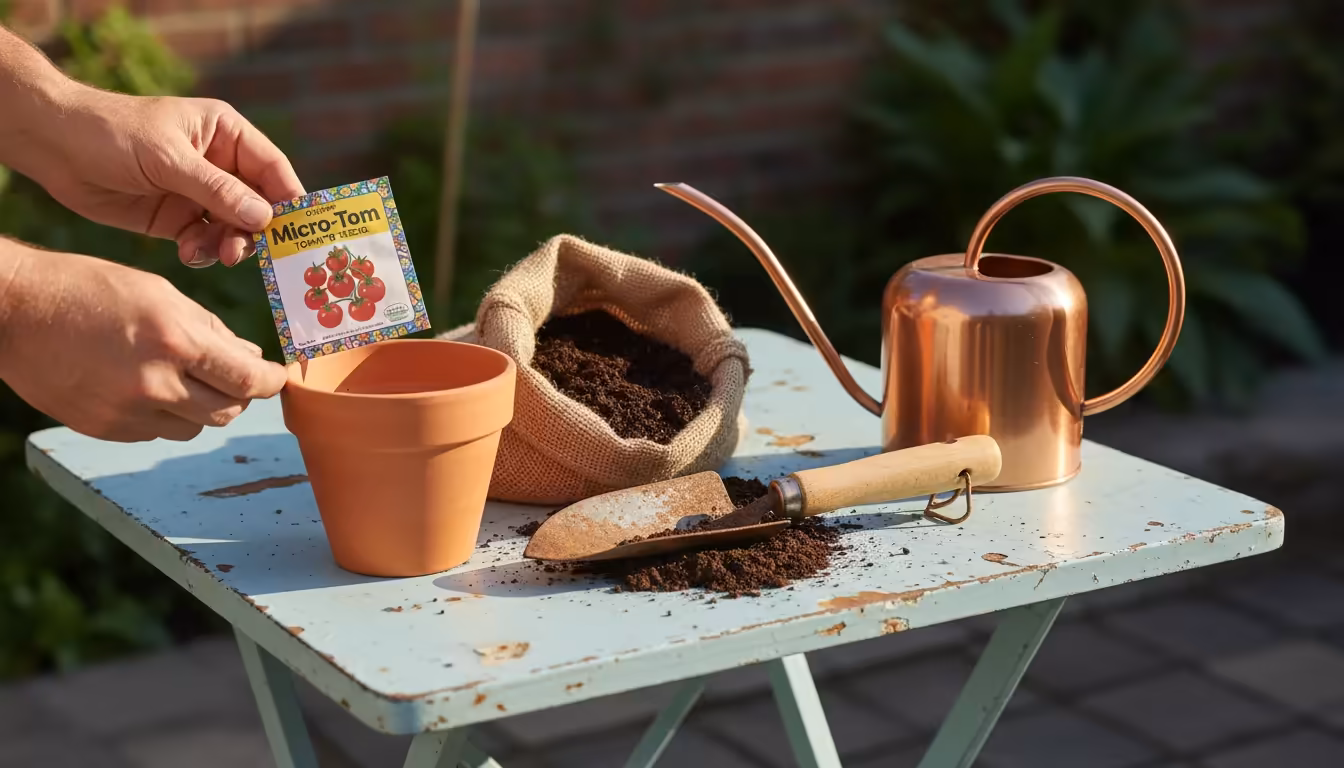 Hands place micro-tomato seeds on a weathered patio table with a terracotta pot, potting mix, trowel, and watering can, ready for planting.