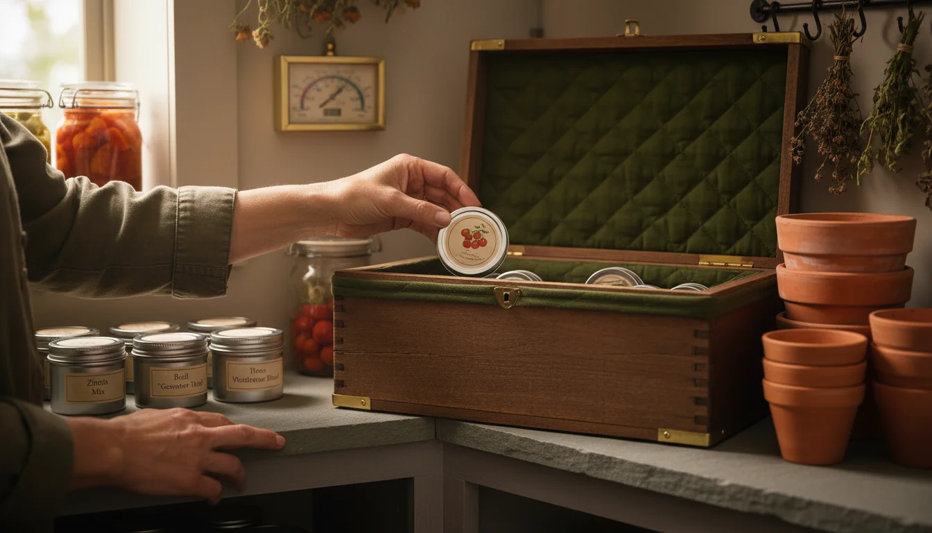 Hands place an opaque seed tin into an insulated wooden box on a cool shelf, beside airtight seed containers and a humidity gauge.
