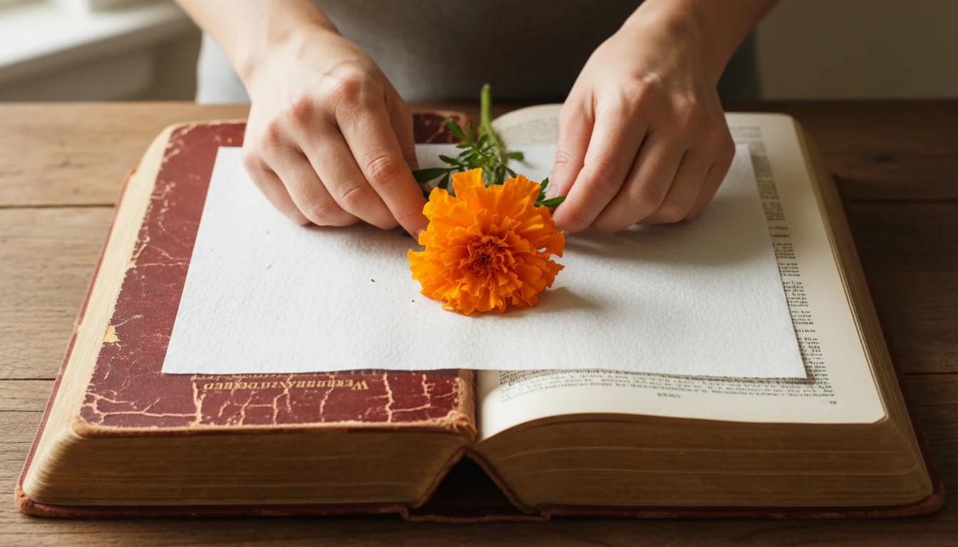 Hands carefully place an orange marigold onto blotting paper inside an open, heavy book, illuminated by soft light.