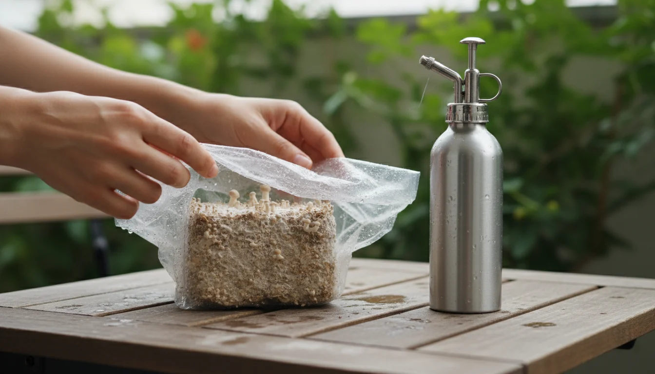 Hands gently place a clear plastic bag over a small mushroom grow kit on a wooden balcony table, with a spray bottle beside it.