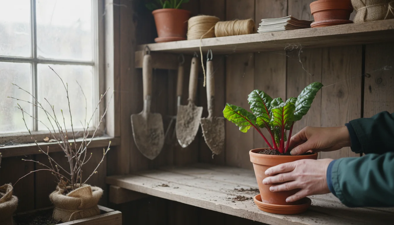 Hands carefully place a potted Swiss chard onto a wooden shelf inside a shed for frost protection.