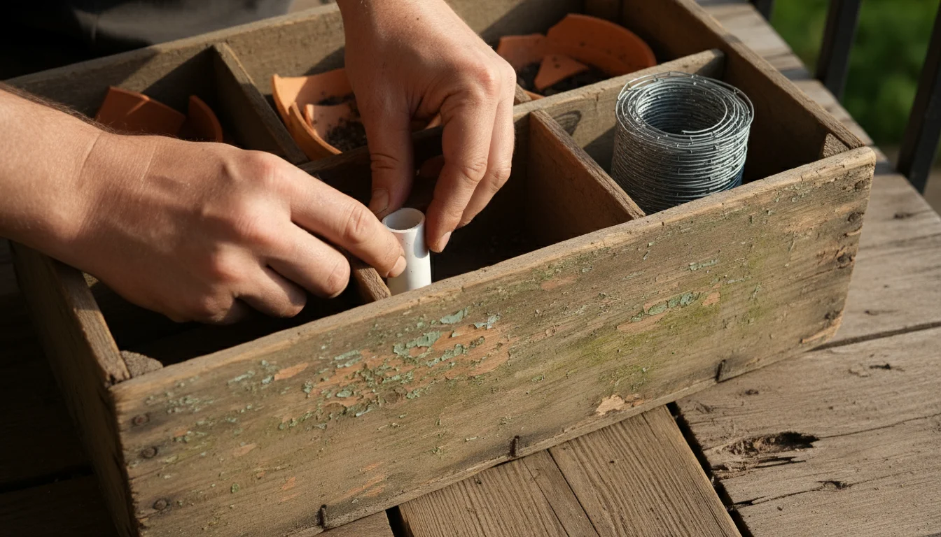 Hands place a PVC pipe segment into a weathered wooden crate also holding broken terracotta and mesh on a balcony.