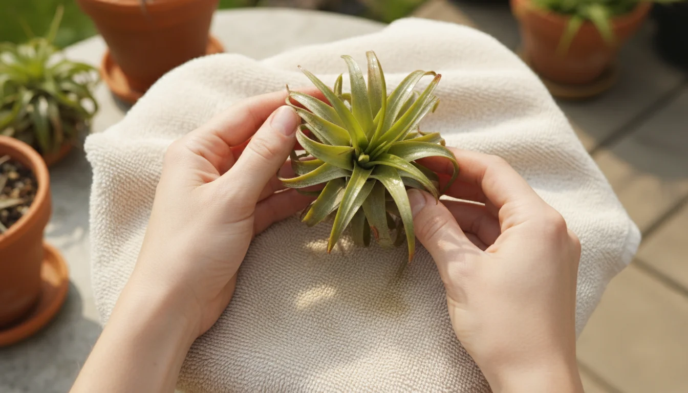 Hands gently place a rehydrated Tillandsia air plant upside down on a light towel on a wooden surface for drying.