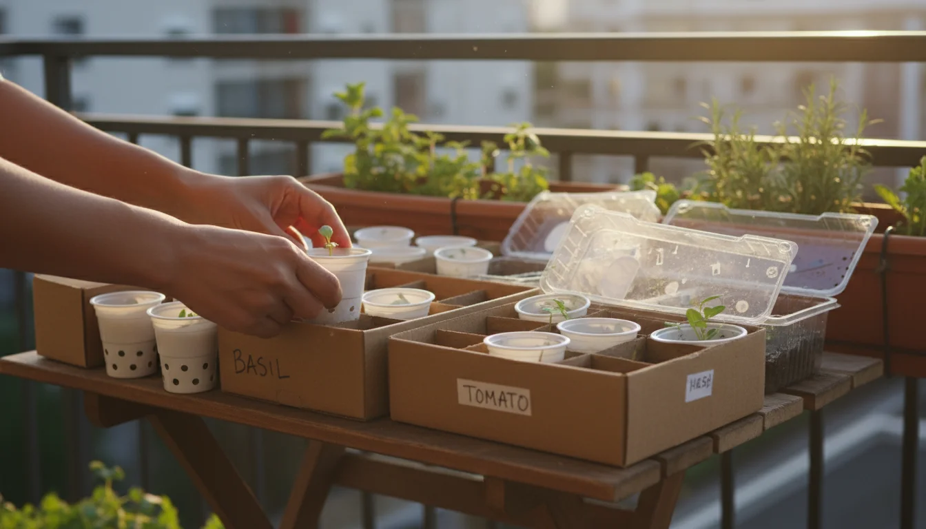 Hands gently place a repurposed yogurt cup into a cardboard shoebox on a sunlit balcony, surrounded by other reused containers for seed starting.