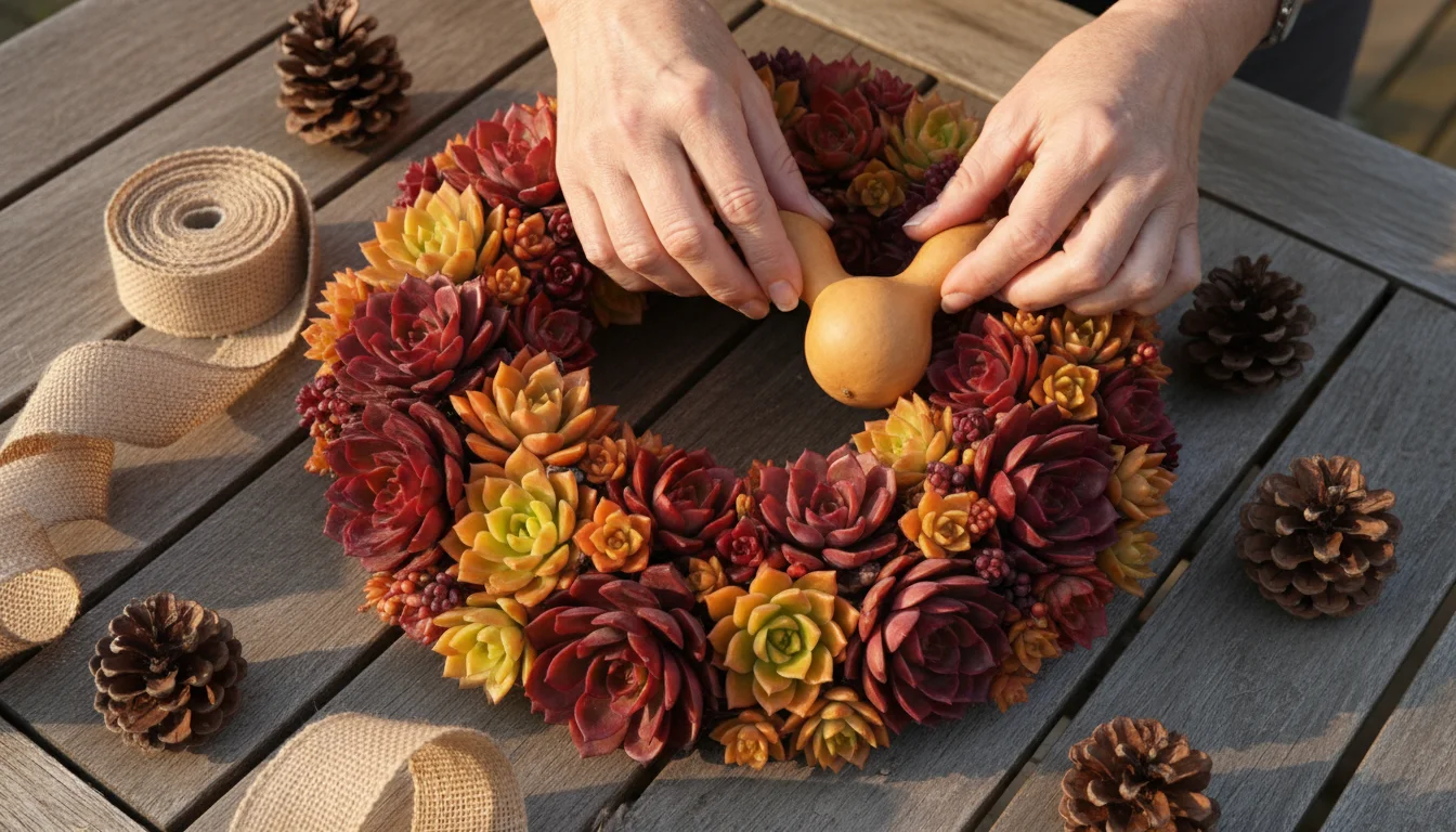 Hands carefully place a small dried gourd into a vibrant succulent wreath on a wooden table, with pinecones and ribbon nearby.