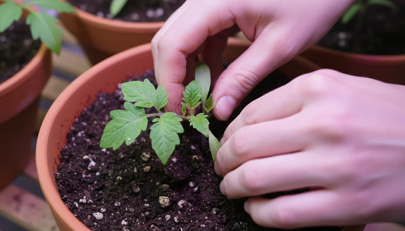 Hands gently place a small tomato seedling deep into a terracotta pot, ready for burial up to its first true leaves under a grow light.