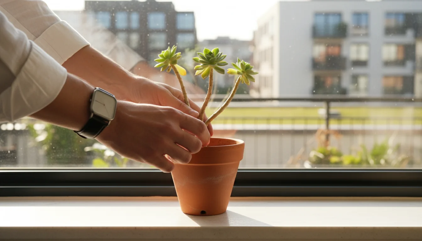 Hands place a subtly stretched succulent in a terracotta pot onto a sunlit windowsill next to other healthy potted plants.