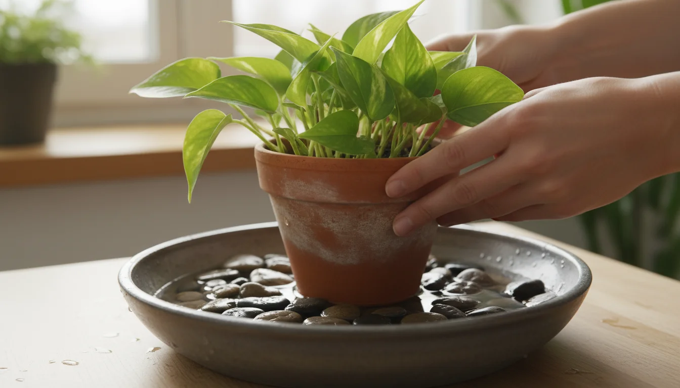 Hands gently place a terracotta-potted Pothos onto wet river pebbles in a ceramic saucer, with water just visible.