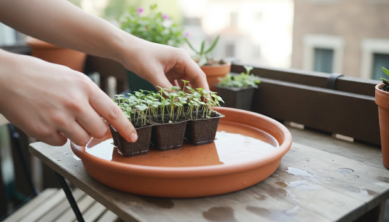 Hands place a tray of small green seedlings into a terracotta dish of rainwater on a wooden surface, with blurred container plants and a rain barrel i