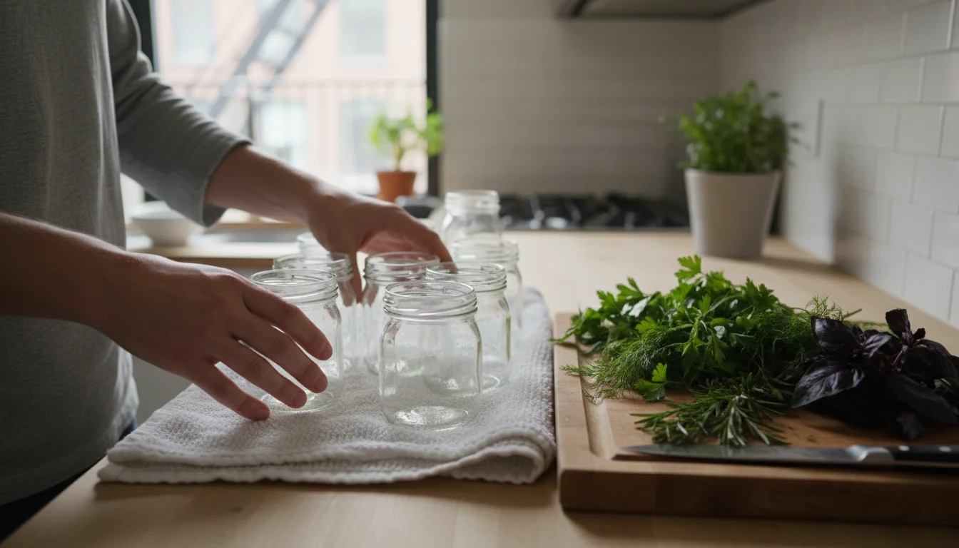 Hands carefully place washed small preserving jars on a clean towel next to fresh herbs on a cutting board.