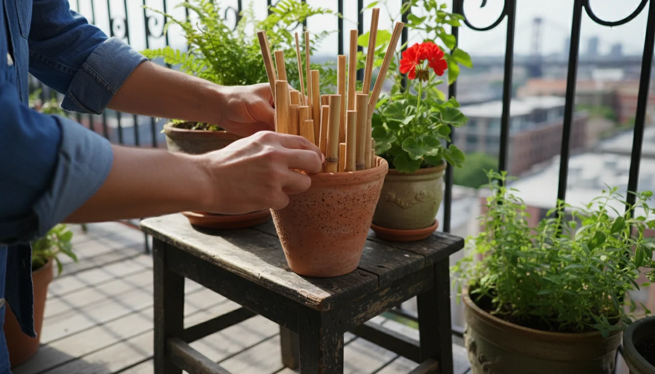 Hands placing bamboo and plant stems into a terracotta pot on a balcony stool, creating a bug hotel.