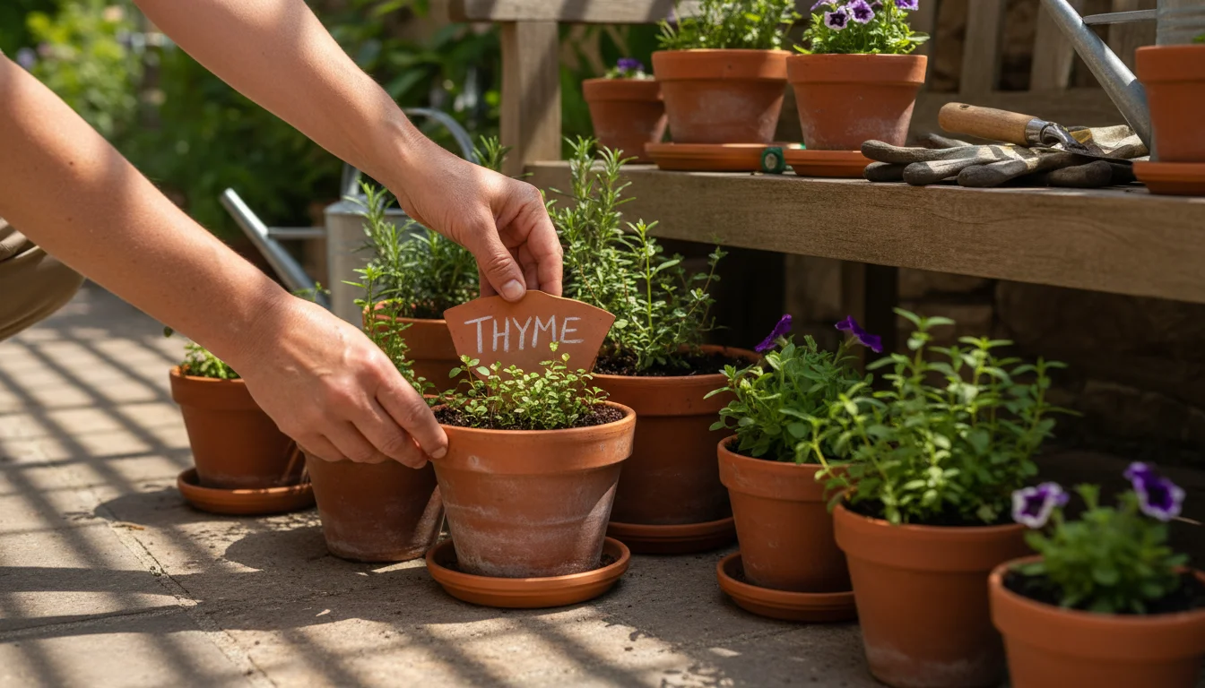 Hands placing a broken terracotta shard, repurposed as a plant label, into a herb pot on a sunlit patio with other broken pieces as decorative edging.