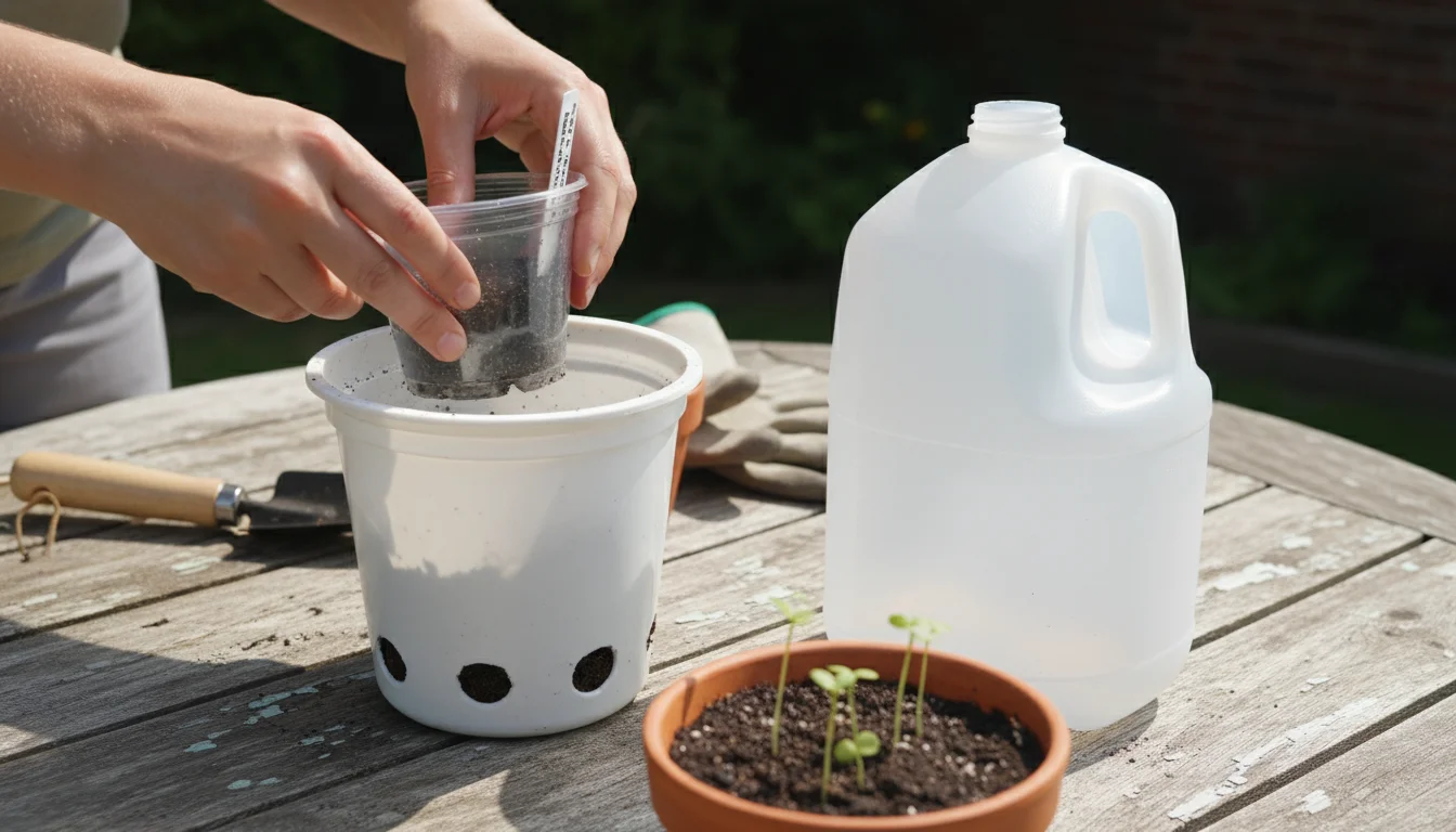 Hands placing a clean plastic nursery pot into a repurposed yogurt container with drainage holes, alongside other recycled pots and young herb seedlin
