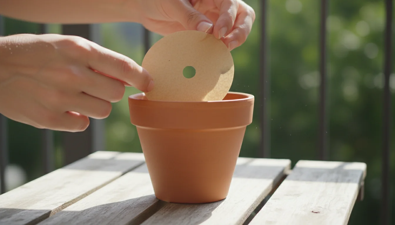 Close-up of hands placing a coffee filter over the drainage hole of a new terracotta pot on a weathered wooden surface.