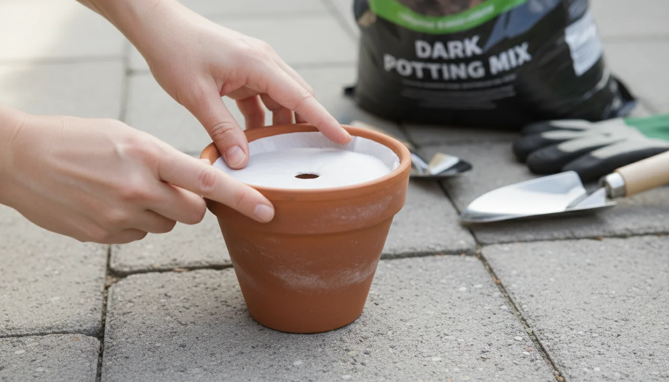 Hands placing a coffee filter over a terracotta pot's drainage hole on a patio, with potting mix visible in the background.
