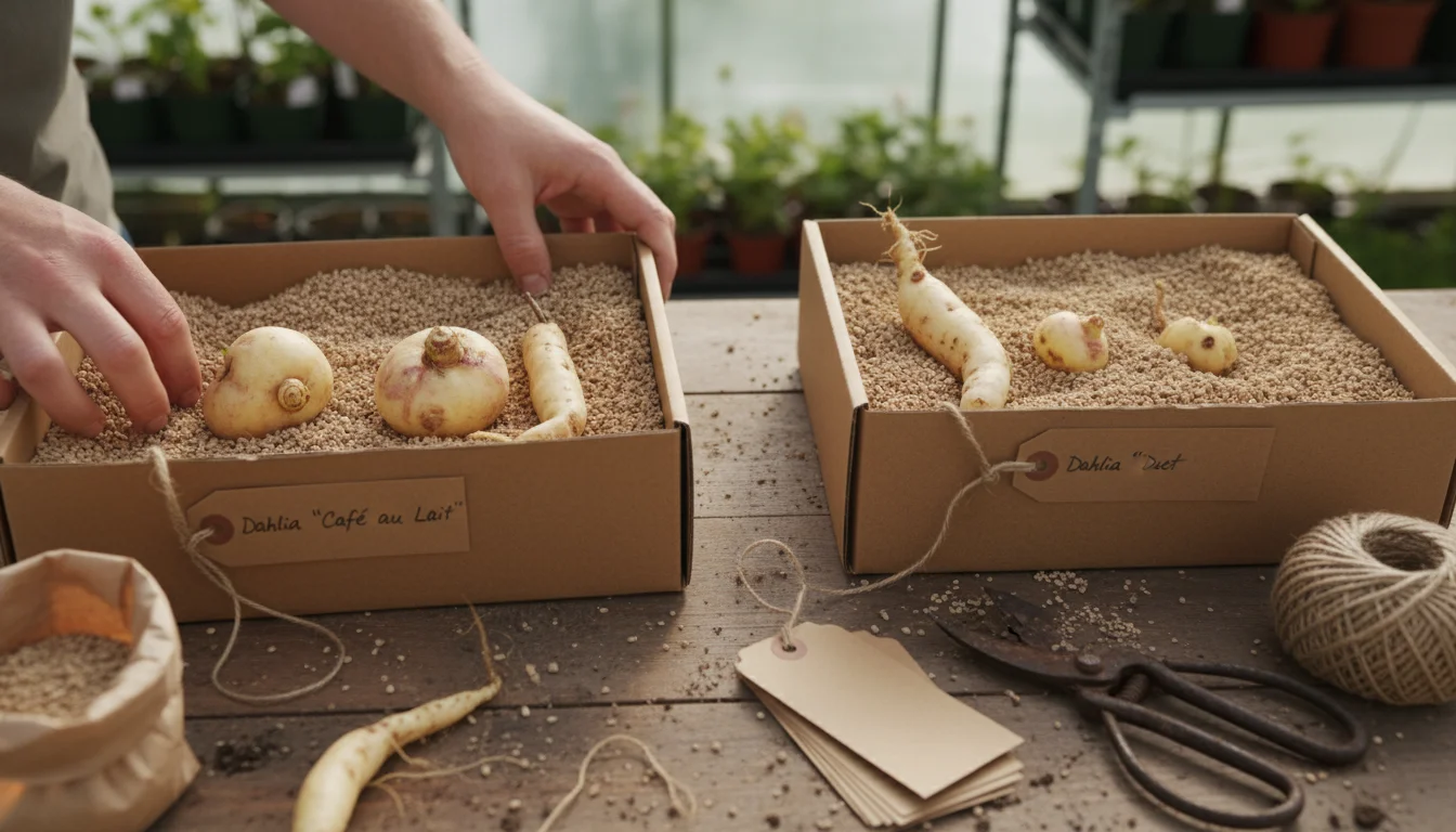 Close-up of hands placing a dahlia tuber into a cardboard box filled with vermiculite, with other storage mediums nearby on a patio table.