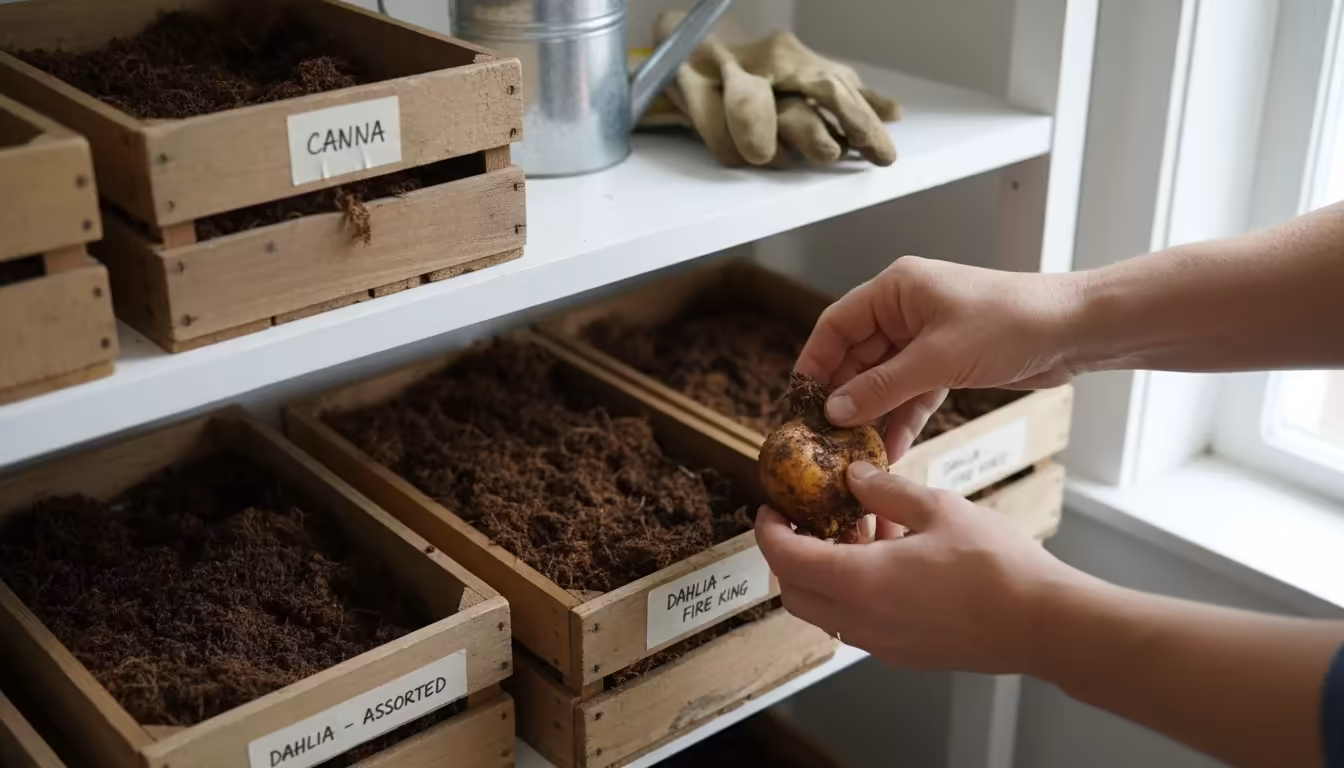 Hands carefully placing a dahlia tuber into a wooden storage crate with peat moss, surrounded by other neatly labeled tuber containers.