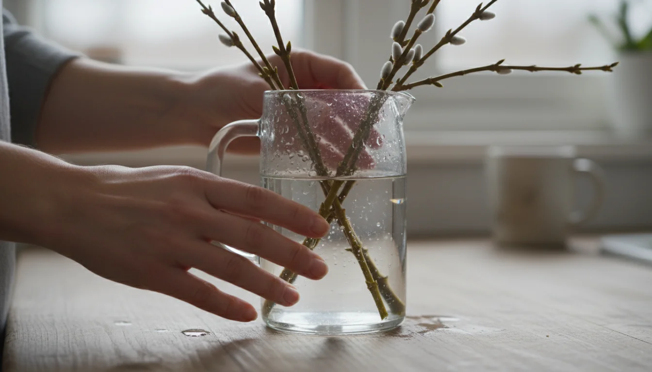 Hands gently placing dormant branches into a clear glass pitcher with water on a kitchen counter.