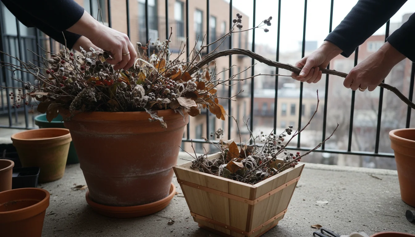 Hands carefully placing dried branches and seed heads into a compost bin on an urban balcony after a winter display.