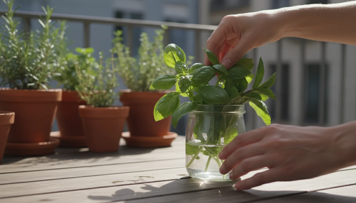 Hands placing freshly harvested basil and mint into a small glass jar of water, with potted herbs blurred in the background on a patio.