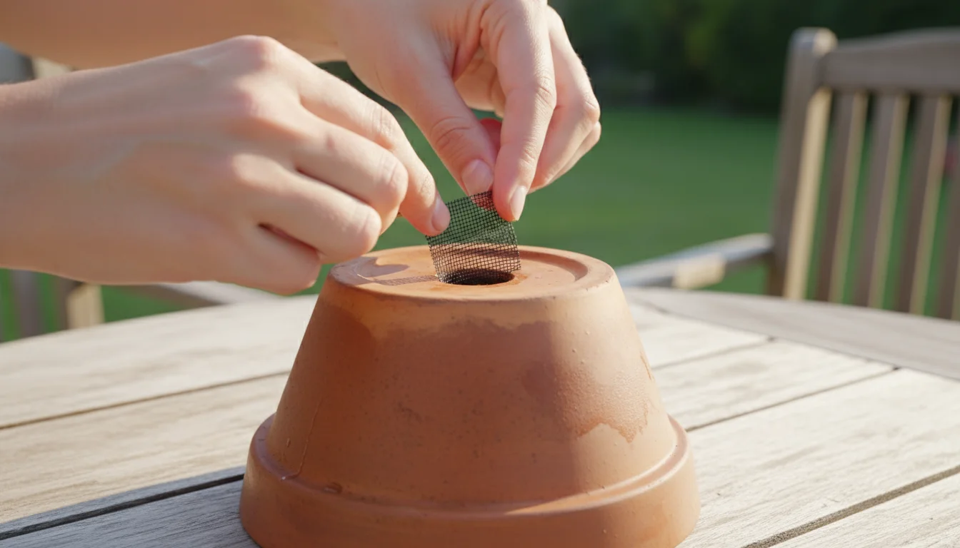 Close-up of hands carefully placing gray mesh over the drainage hole of a damp terracotta pot on a light wooden patio table.
