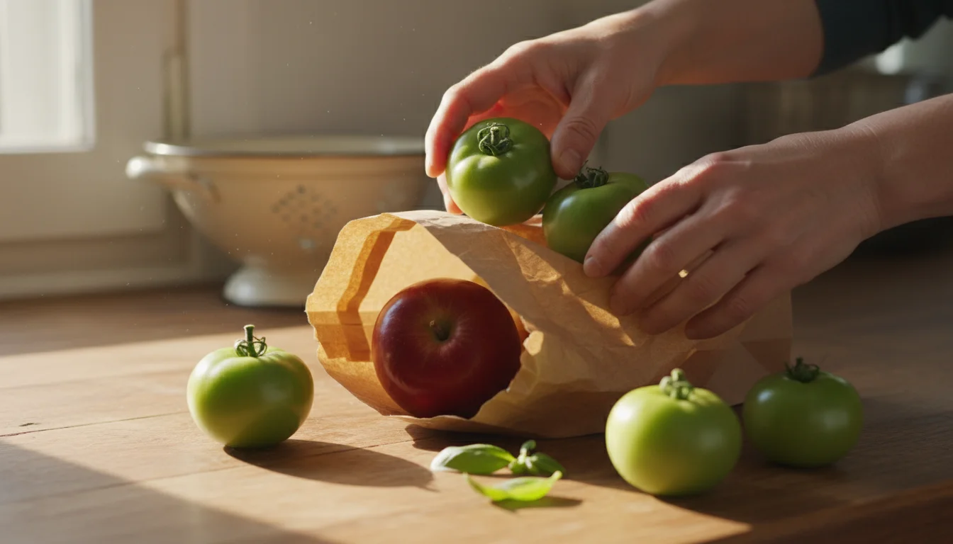 Hands placing green tomatoes and a ripe red apple into a brown paper bag on a wooden kitchen counter.