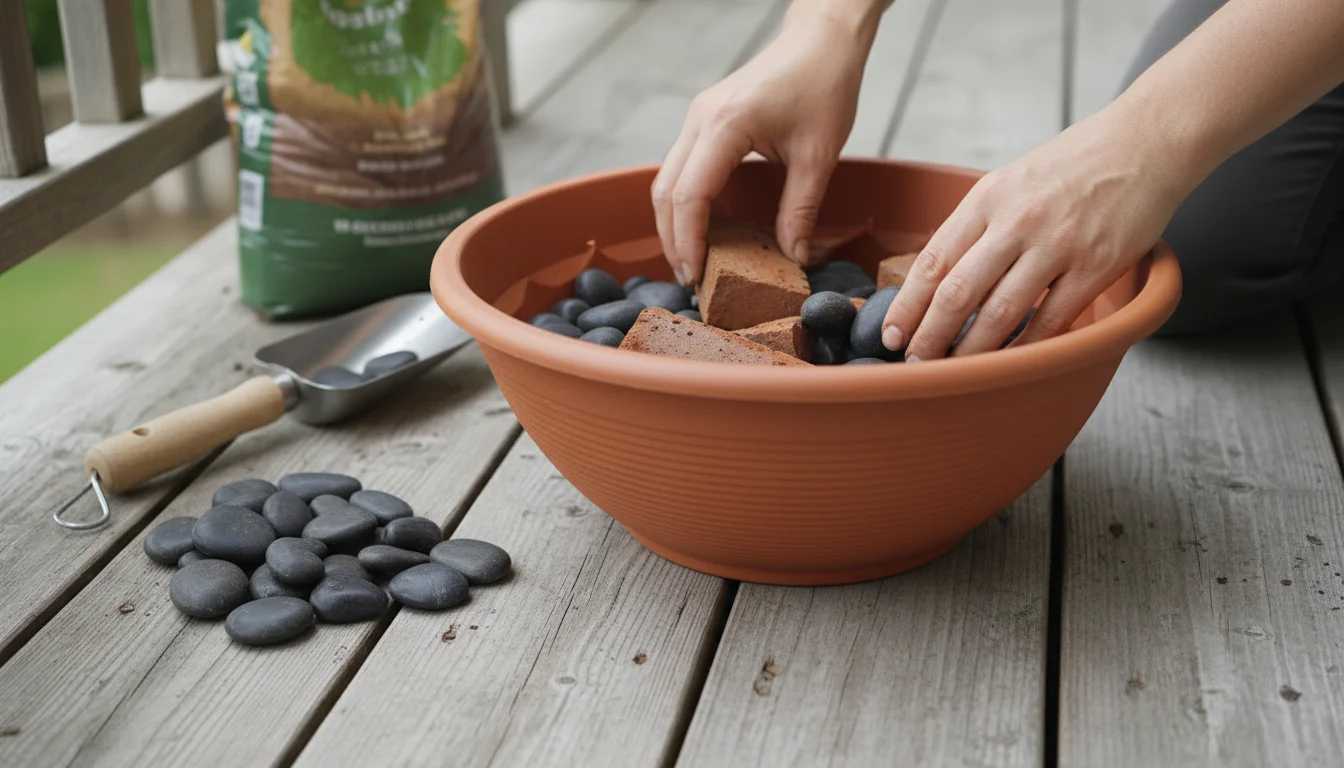 Hands placing heavy stones and bricks inside an empty plastic planter on a balcony deck.
