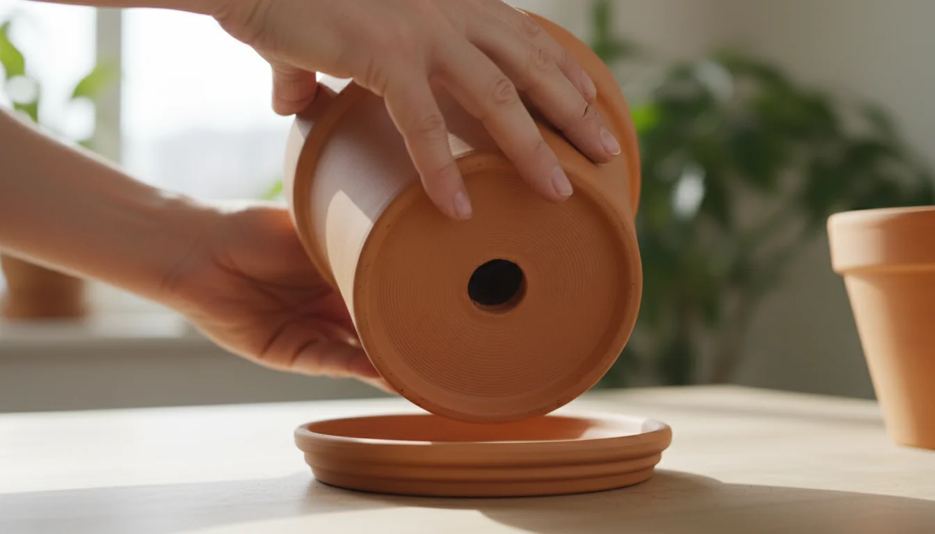 Hands carefully placing a 7-inch terracotta pot, showing its drainage hole, onto a matching saucer on a light wooden table.