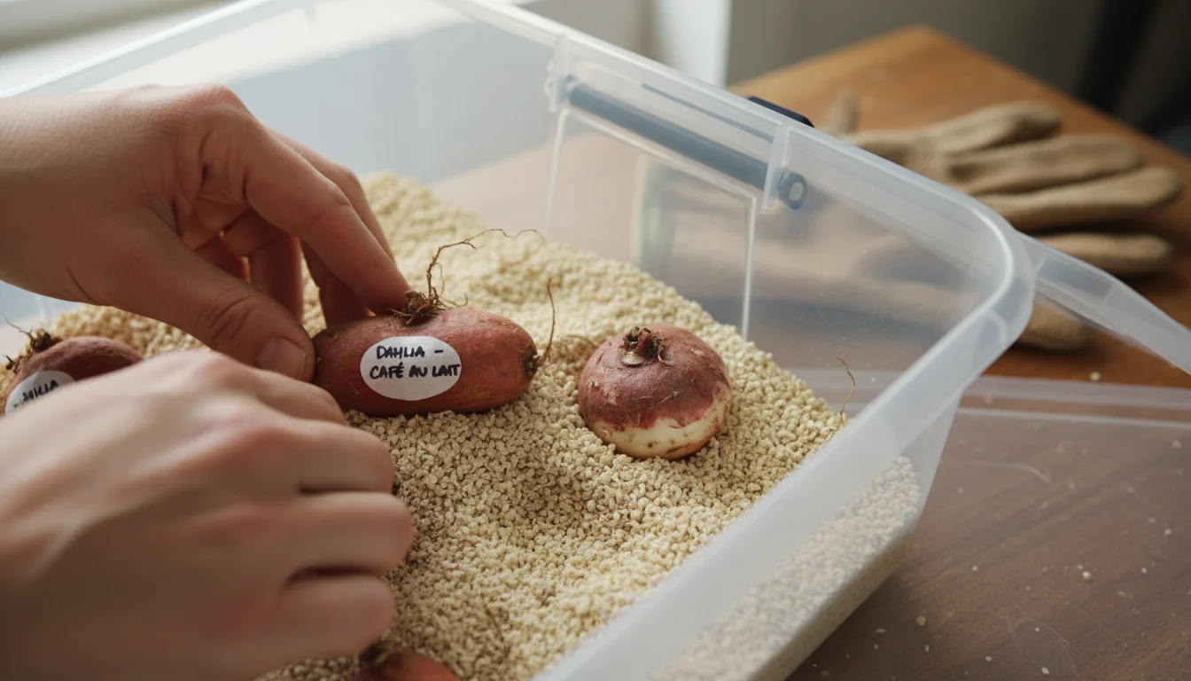 Close-up of hands gently placing a labeled dahlia tuber onto a layer of vermiculite inside a clear plastic storage bin, demonstrating tuber packing.