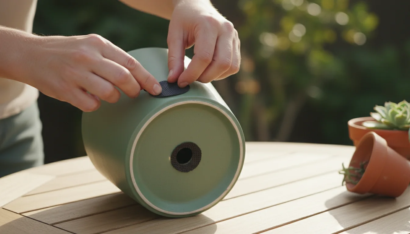Hands placing landscape fabric over a drainage hole in a matte sage green ceramic planter on a wooden table.