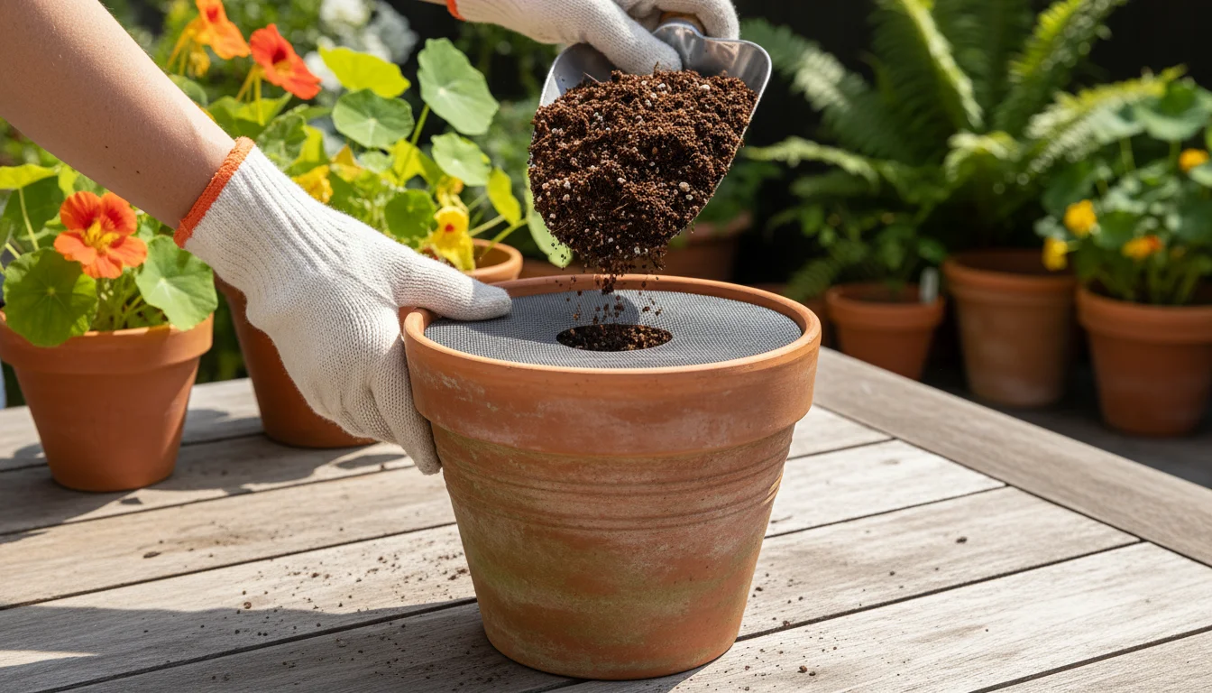 Hands placing a mesh screen over a terracotta pot's drainage hole on a wooden table, with potting mix ready to be added.