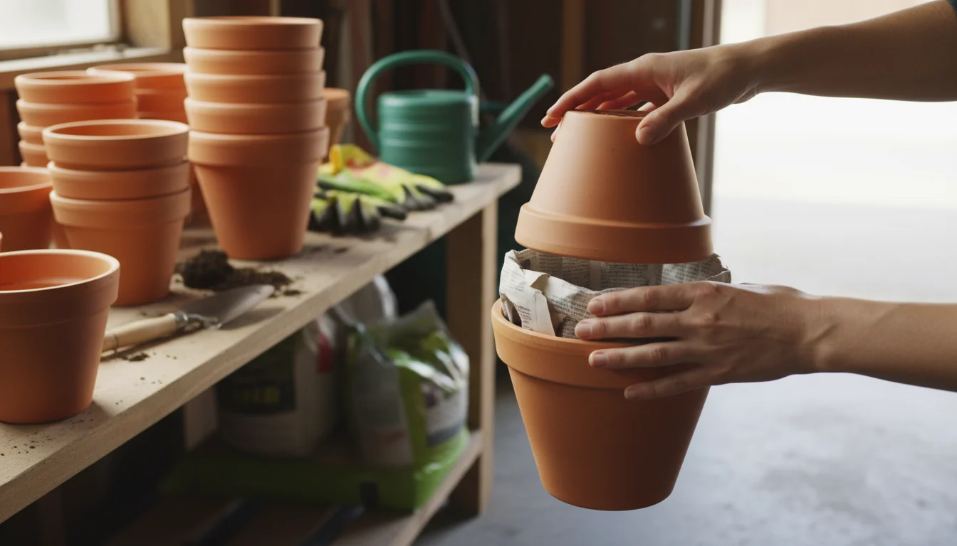 Hands placing newspaper between two terracotta pots for winter storage. Other neatly stacked pots are in the background.