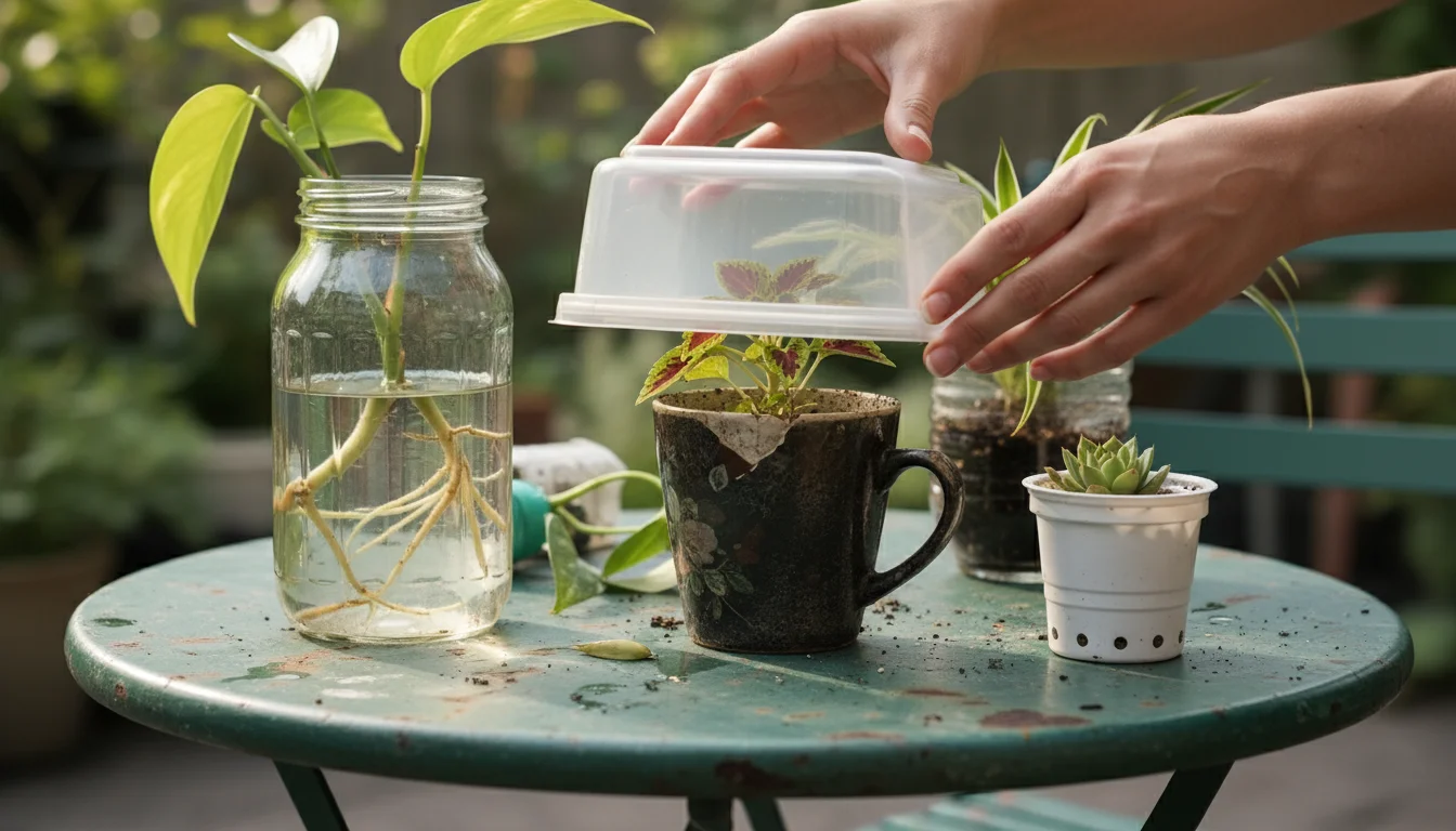 Hands placing a plastic dome over a plant cutting in an old ceramic mug, surrounded by diverse repurposed propagation containers on a patio table.